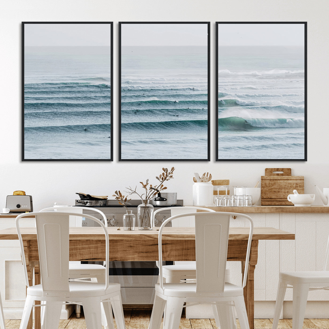 73969318-MGV-FC-60X30-3P_Black-Ocean Waves Wall Art Canvas Print, Framed Surfer Lineup Art Picture Print, Crowded Ocean Perfect Minimal Coastal Decor Artwork