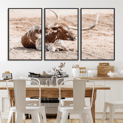 25407592-MGV-FC-60X30-3P_Black-Texas Longhorn Wall Art Canvas Print, Framed Resting Bull Art Picture Print, Spotted Cattle Perfect Rustic Western Decor Artwork