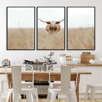 20927060-MGV-CV-36X24-Texas Longhorn Wall Art Canvas Print, Framed Lone Cattle Art Picture Print, Longhorn Bull Perfect Rustic Western Decor Artwork