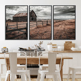 73898372-MGV-FC-60X30-3P_Black-Rustic Barn Wall Art Canvas Print, Framed Moody Field Art Picture Print, Weathered Fence Perfect Moody Farmhouse Decor Artwork