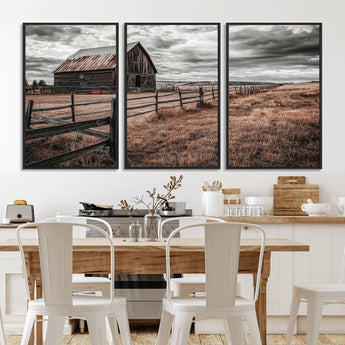 73898372-MGV-FC-60X30-3P_Black-Rustic Barn Wall Art Canvas Print, Framed Moody Field Art Picture Print, Weathered Fence Perfect Moody Farmhouse Decor Artwork