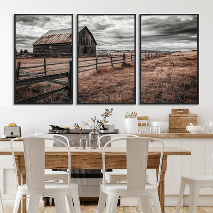 73898372-MGV-FC-60X30-3P_Black-Rustic Barn Wall Art Canvas Print, Framed Moody Field Art Picture Print, Weathered Fence Perfect Moody Farmhouse Decor Artwork