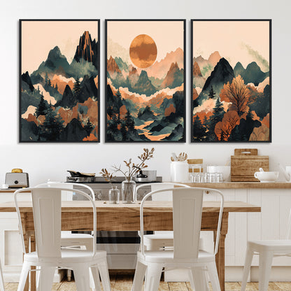 13012770-MGV-CV-36X24-Mountain Landscape Wall Art – Modern Nature Canvas Print with Sun, Misty Peaks, and Forest in Orange and Green Tones for Living