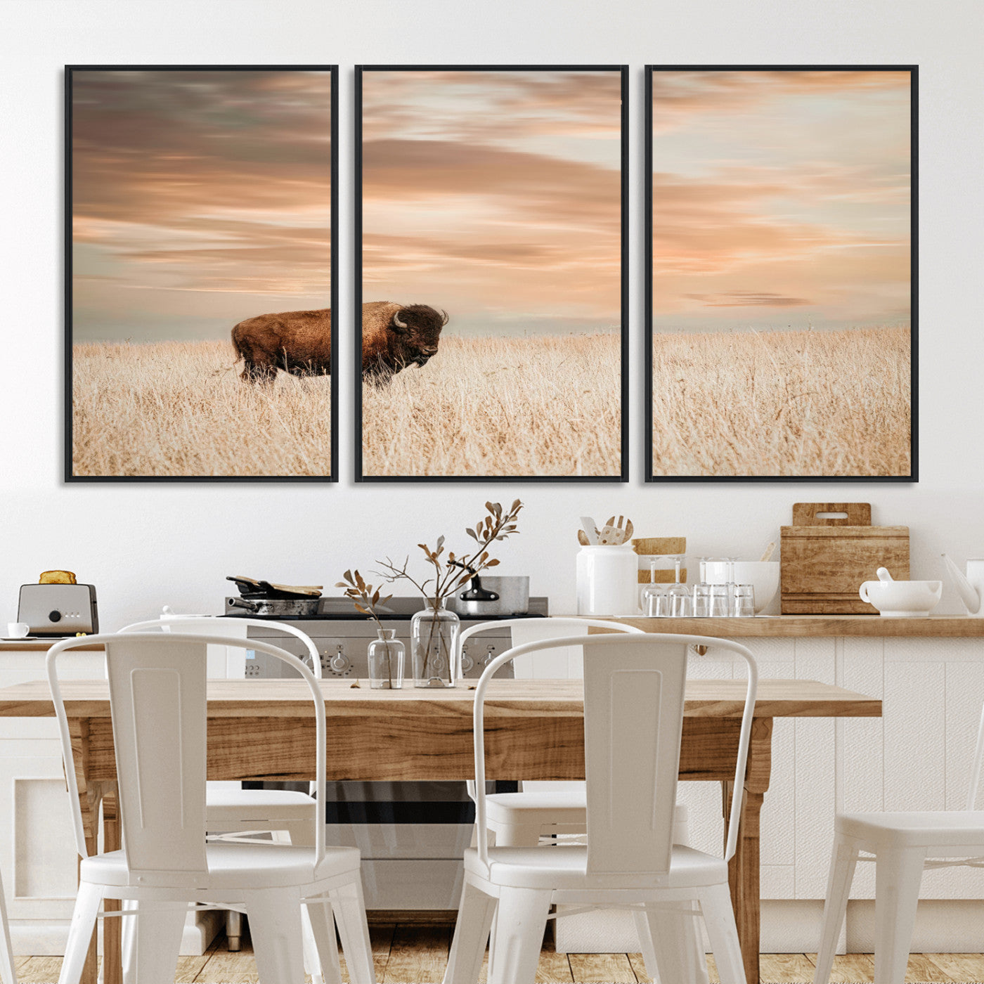 87282289-MGV-FC-60X30-3P_Black-Bison Wall Art Canvas Print, Framed Buffalo Art Picture Print, Western Prairie Perfect Rustic Decor Artwork