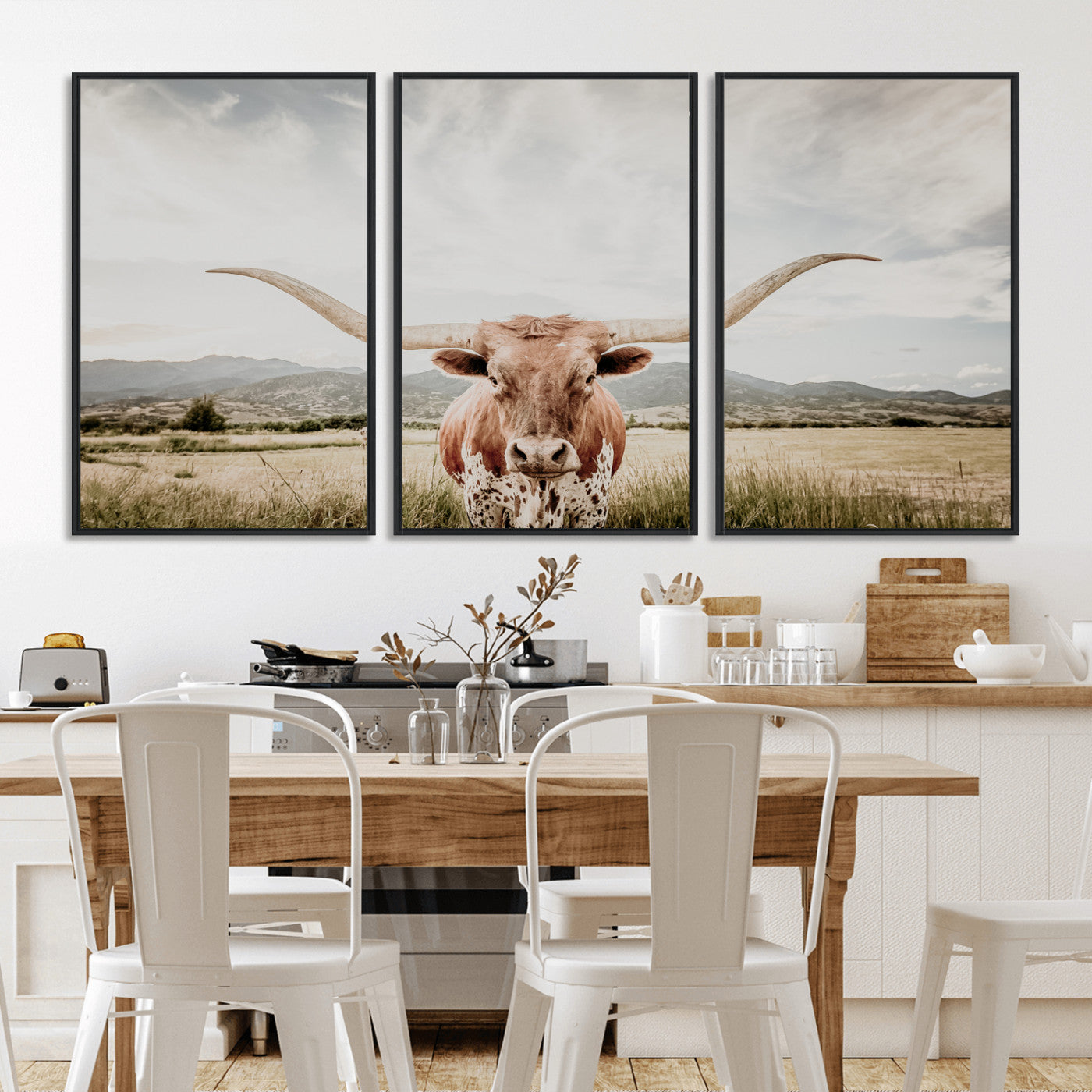 80054319-MGV-FC-60X30-3P_Black-Texas Longhorn Wall Art Canvas Print, Framed Western Cow Art Picture Print, Rustic Farmhouse Perfect Farmhouse Decor Artwork