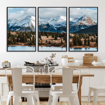 36247746-MGV-FC-60X30-3P_Black-Snowy Peaks Wall Art Canvas Print, Framed Alpine Lake Art Picture Print, Pine Forest Perfect Alpine Wilderness Decor Artwork