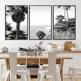 89458520-MGV-FC-60X30-3P_Black-Palm Trees Wall Art Canvas Print, Framed Coastal View Art Picture Print, Ocean Horizon Perfect Monochrome Coast Decor Artwork