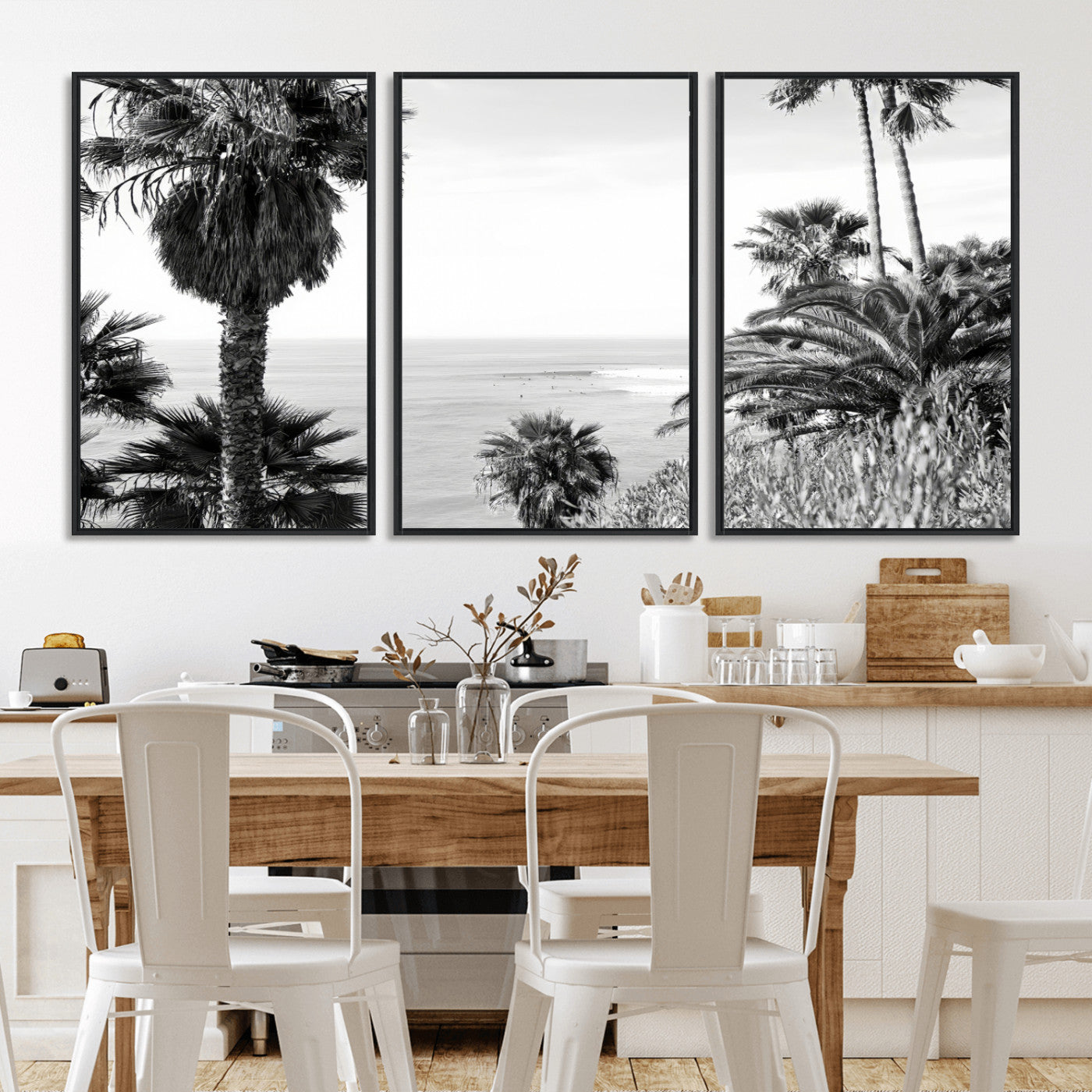 89458520-MGV-FC-60X30-3P_Black-Palm Trees Wall Art Canvas Print, Framed Coastal View Art Picture Print, Ocean Horizon Perfect Monochrome Coast Decor Artwork