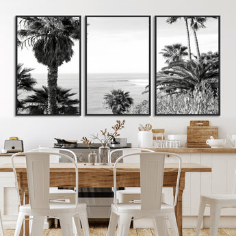 89458520-MGV-FC-60X30-3P_Black-Palm Trees Wall Art Canvas Print, Framed Coastal View Art Picture Print, Ocean Horizon Perfect Monochrome Coast Decor Artwork