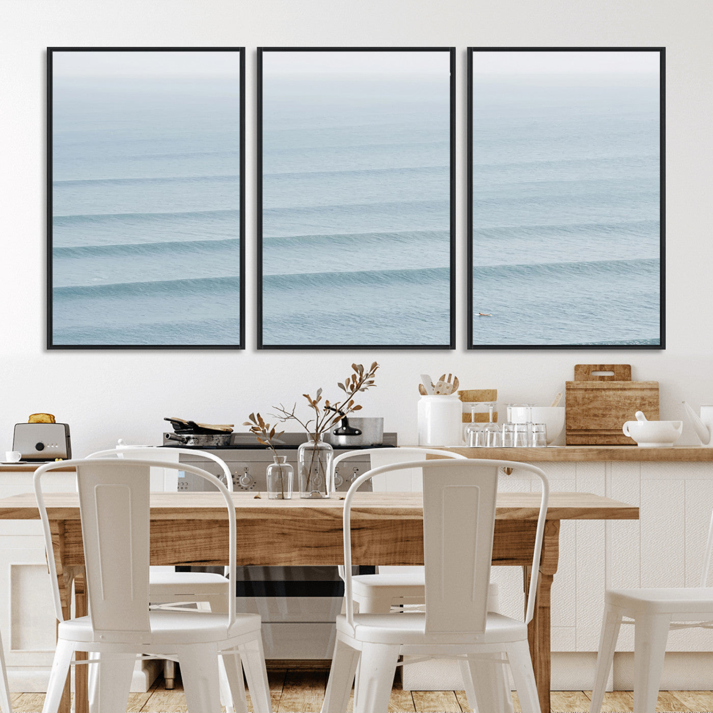 47814787-MGV-FC-60X30-3P_Black-Ocean Waves Wall Art Canvas Print, Framed Solo Surfer Art Picture Print, Wave Lines Perfect Minimalist Ocean Decor Artwork