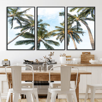 87247012-MGV-FC-60X30-3P_Black-Skyward Palm Trees Wall Art Canvas Print, Framed Tropical Sky Art Picture Print, Coconut Palm Perfect Tropical Skyview Decor