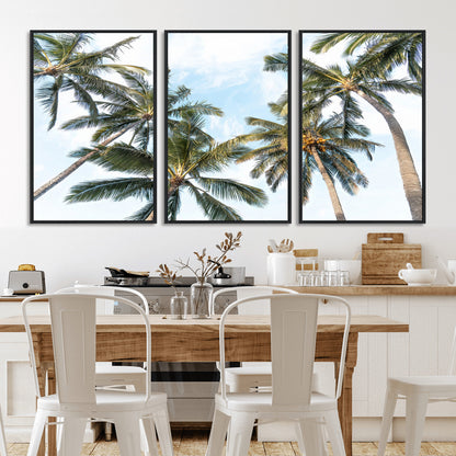 87247012-MGV-FC-60X30-3P_Black-Skyward Palm Trees Wall Art Canvas Print, Framed Tropical Sky Art Picture Print, Coconut Palm Perfect Tropical Skyview Decor