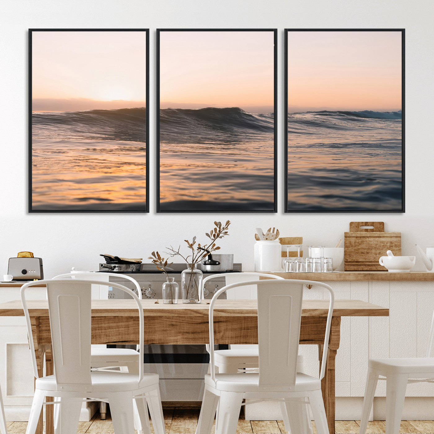 46299358-MGV-FC-60X30-3P_Black-Sunset Waves Wall Art Canvas Print, Framed Ocean Horizon Art Picture Print, Golden Water Perfect Golden Hour Coastal Decor Artwork