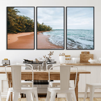 88125882-MGV-FC-60X30-3P_Black-Tropical Shoreline Wall Art Canvas Print, Framed Palm Trees Art Picture Print, Tropical Ocean Perfect Tropical Coastal Decor
