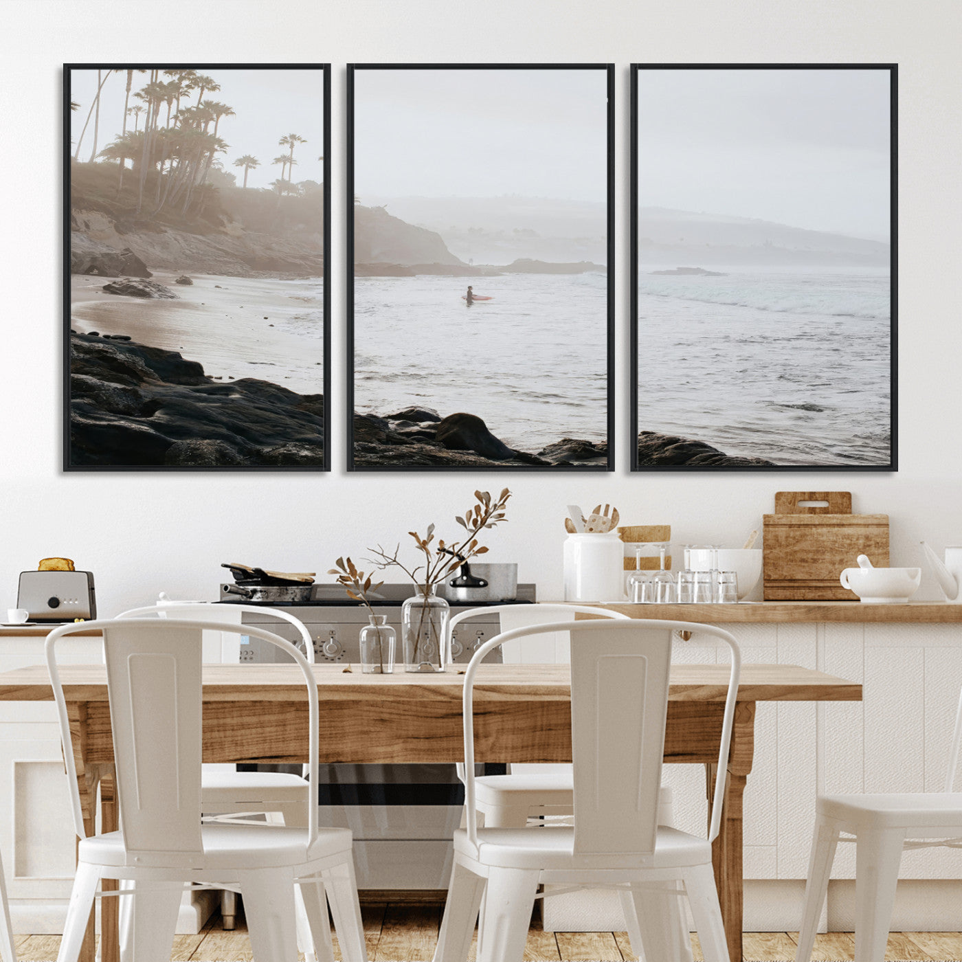 62501405-MGV-FC-60X30-3P_Black-Misty Beach Wall Art Canvas Print, Framed California Surfer Art Picture Print, Coastal Cliff Perfect Coastal Beach Decor Artwork