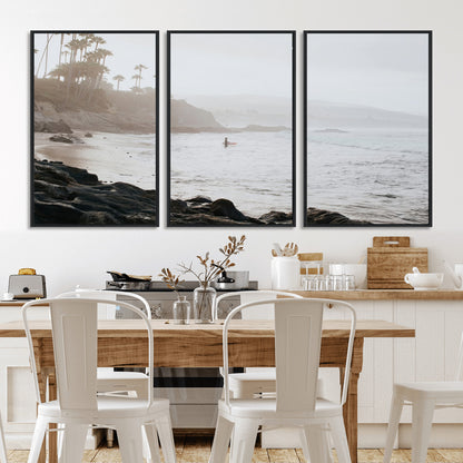 62501405-MGV-CV-36X24-Misty Beach Wall Art Canvas Print, Framed California Surfer Art Picture Print, Coastal Cliff Perfect Coastal Beach Decor Artwork