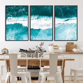 23828594-MGV-FC-60X30-3P_Black-Aerial Waves Wall Art Canvas Print, Framed Ocean Break Art Picture Print, Sea Foam Perfect Tropical Coastal Decor Artwork