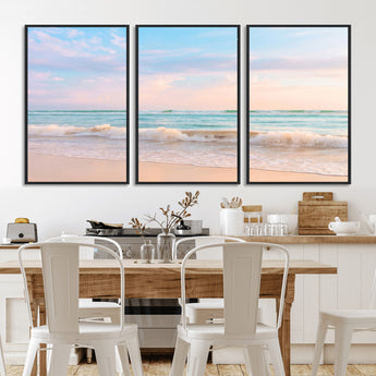 74679437-MGV-CV-36X24-Pastel Ocean Wall Art Canvas Print, Framed Beach Waves Art Picture Print, Soft Sunset Perfect Pastel Coastal Decor Artwork