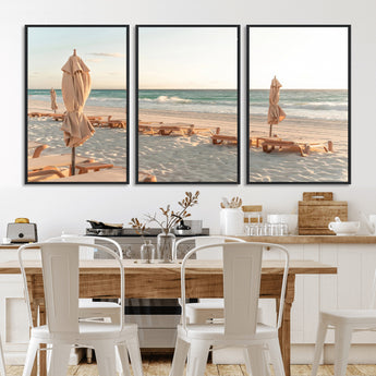 58507949-MGV-FC-60X30-3P_Black-Beach Umbrellas Wall Art Canvas Print, Framed Empty Loungers Art Picture Print, Soft Sand Perfect Minimalist Seaside Decor Artwork