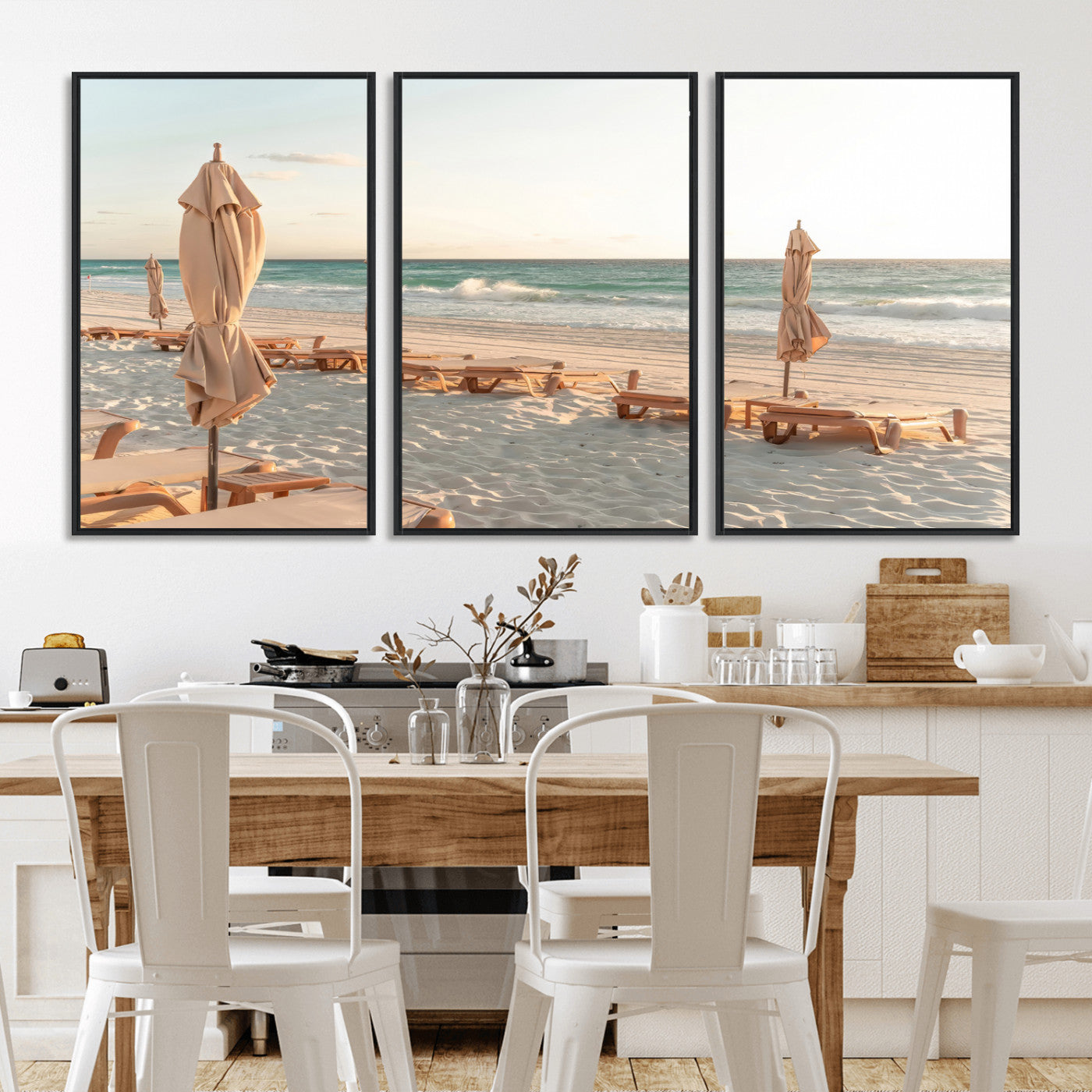 58507949-MGV-CV-36X24-Beach Umbrellas Wall Art Canvas Print, Framed Empty Loungers Art Picture Print, Soft Sand Perfect Minimalist Seaside Decor Artwork
