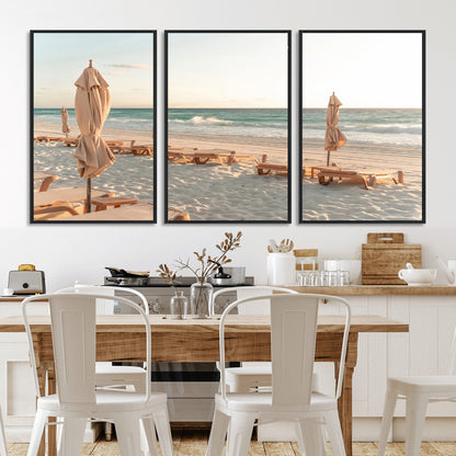 58507949-MGV-CV-36X24-Beach Umbrellas Wall Art Canvas Print, Framed Empty Loungers Art Picture Print, Soft Sand Perfect Minimalist Seaside Decor Artwork