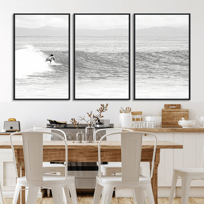 81535128-MGV-FC-60X30-3P_Black-Surfer Woman Wall Art Canvas Print, Framed Black Ocean Art Picture Print, Ocean Surfing Perfect Monochrome Coastal Decor Artwork