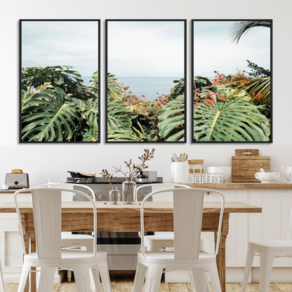 45700479-MGV-FC-60X30-3P_Black-Monstera Leaves Wall Art Canvas Print, Framed Tropical Ocean Art Picture Print, Tropical Foliage Perfect Tropical Coastal Jungle