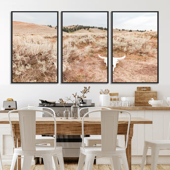 97234735-MGV-FC-60X30-3P_Black-Rustic Bones Wall Art Canvas Print, Framed Desert Sage Art Picture Print, Prairie Skull Perfect Minimal Rustic Decor Artwork