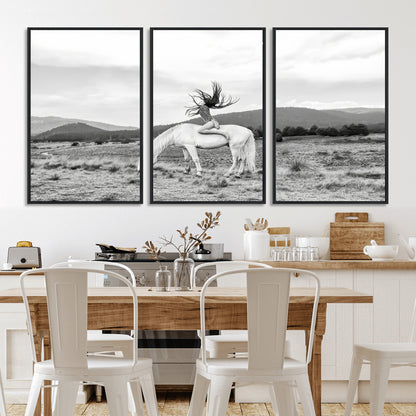 62789800-MGV-FC-60X30-3P_Black-White Horse Wall Art Canvas Print, Framed Woman Rider Art Picture Print, Equestrian Pose Perfect Western Boho Decor Artwork