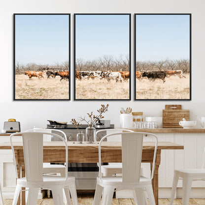 16563092-MGV-FC-60X30-3P_Black-Texas Longhorns Wall Art Canvas Print, Framed Western Cattles Art Picture Print, Rustic Herd Perfect Rustic Farmhouse Decor