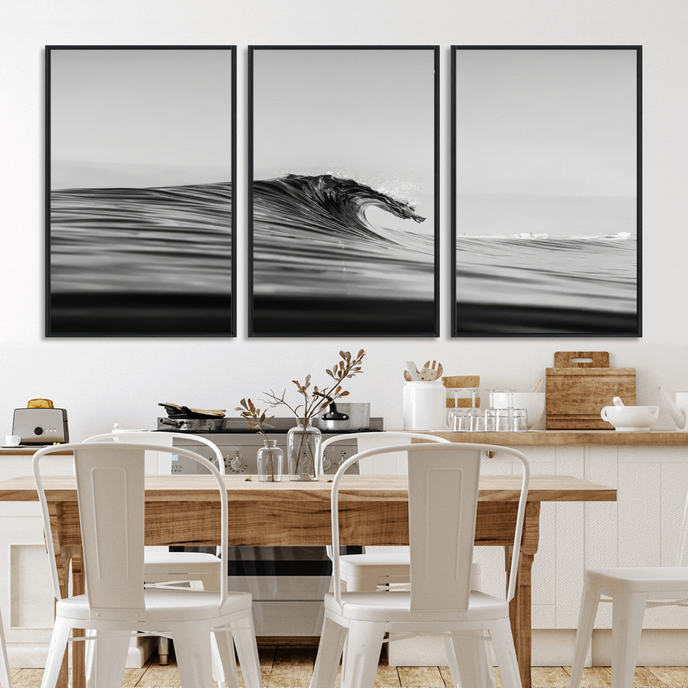 24029476-MGV-FC-60X30-3P_Black-Black Wave Wall Art Canvas Print, Framed Abstract Surf Art Picture Print, Minimalist Ocean Perfect Minimalist Coastal Decor