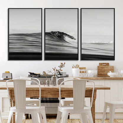 24029476-MGV-FC-60X30-3P_Black-Black Wave Wall Art Canvas Print, Framed Abstract Surf Art Picture Print, Minimalist Ocean Perfect Minimalist Coastal Decor