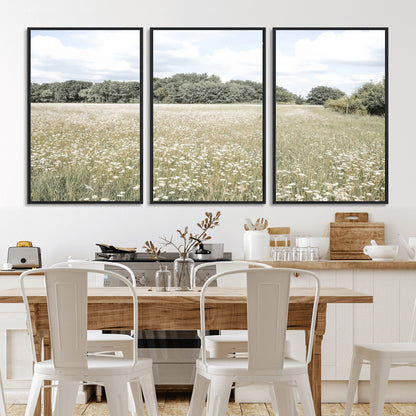 43258946-MGV-FC-60X30-3P_Black-Daisy Field Wall Art Canvas Print, Framed Pastel Flower Art Picture Print, Meadow Bloom Perfect Scandinavian Minimalist Decor