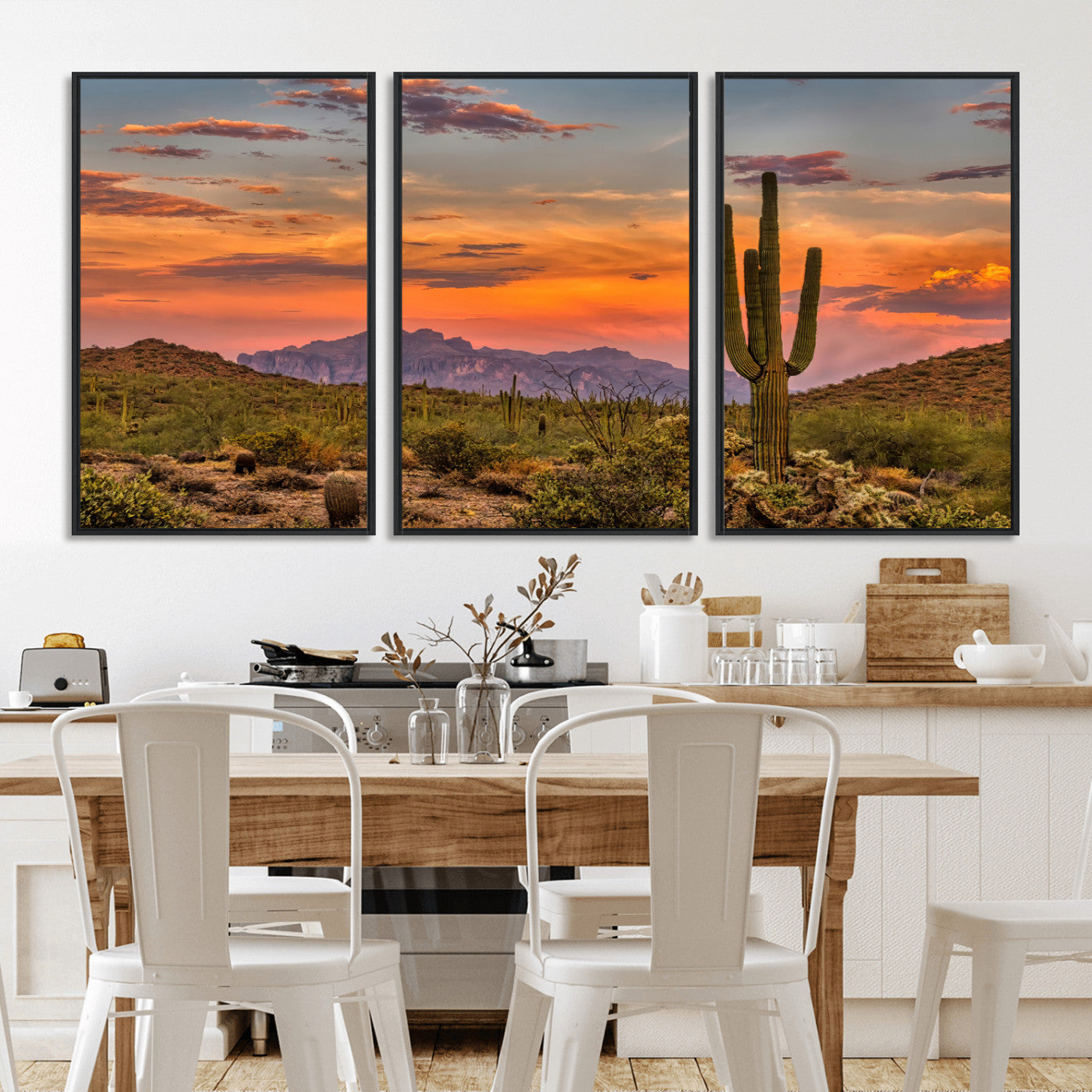 25332783-MGV-FC-60X30-3P_Black-Saguaro Cactus Wall Art Canvas Print, Framed Arizona Sunset Art Picture Print, Sonoran Desert Perfect Southwestern Boho Decor