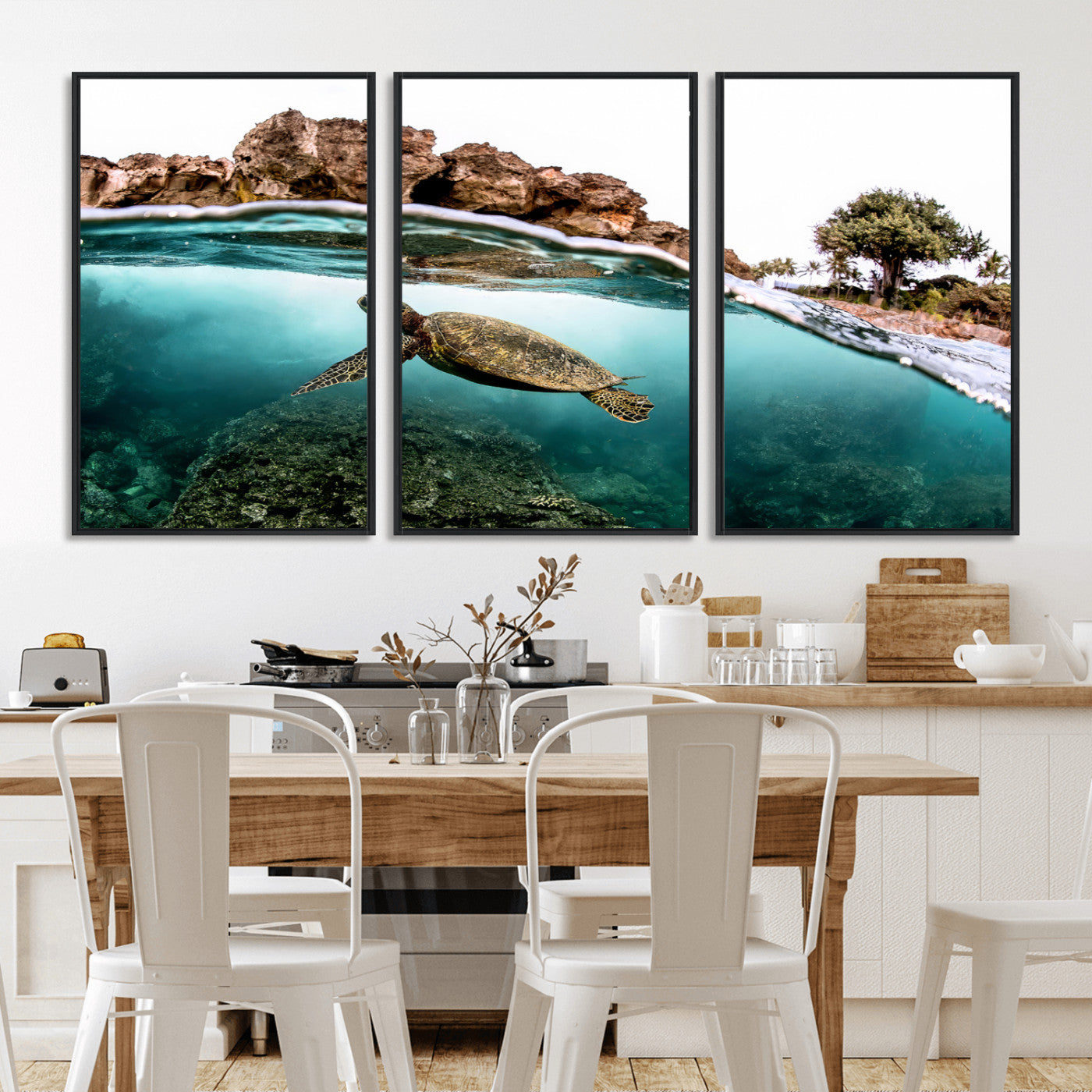 44200301-MGV-FC-60X30-3P_Black-Sea Turtle Swim Wall Art Canvas Print, Framed Ocean Life Art Picture Print, Tropical Shoreline Perfect Tropical Coastal Decor