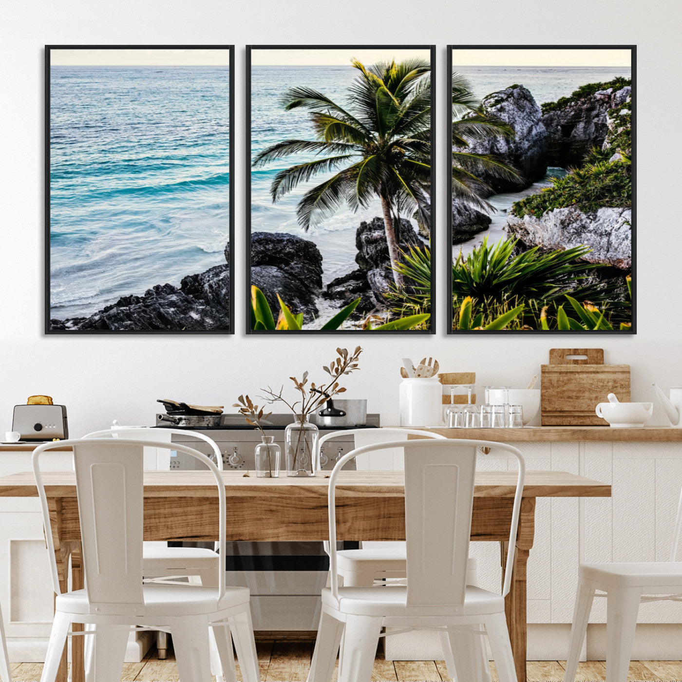 94669907-MGV-FC-60X30-3P_Black-Tropical Coastline Wall Art Canvas Print, Framed Palm Tree Art Picture Print, Rocky Beach Perfect Tropical Coastal Decor Artwork