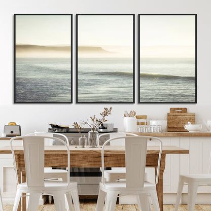 39310633-MGV-FC-60X30-3P_Black-Coastal Cliffs Wall Art Canvas Print, Framed Misty Ocean Art Picture Print, Morning Light Perfect Minimalistic Coastal Decor