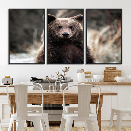 47112103-MGV-FC-60X30-3P_Black-Brown Bear Wall Art Canvas Print, Framed Forest Wildlife Art Picture Print, Woodland Bear Perfect Rustic Cabin Decor Artwork