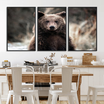 47112103-MGV-CV-36X24-Brown Bear Wall Art Canvas Print, Framed Forest Wildlife Art Picture Print, Woodland Bear Perfect Rustic Cabin Decor Artwork