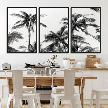 46641801-MGV-FC-60X30-3P_Black-Palm Tree Wall Art Canvas Print, Framed Black White Tropics Art Picture Print, Monochrome Palms Perfect Modern Tropical Minimalist