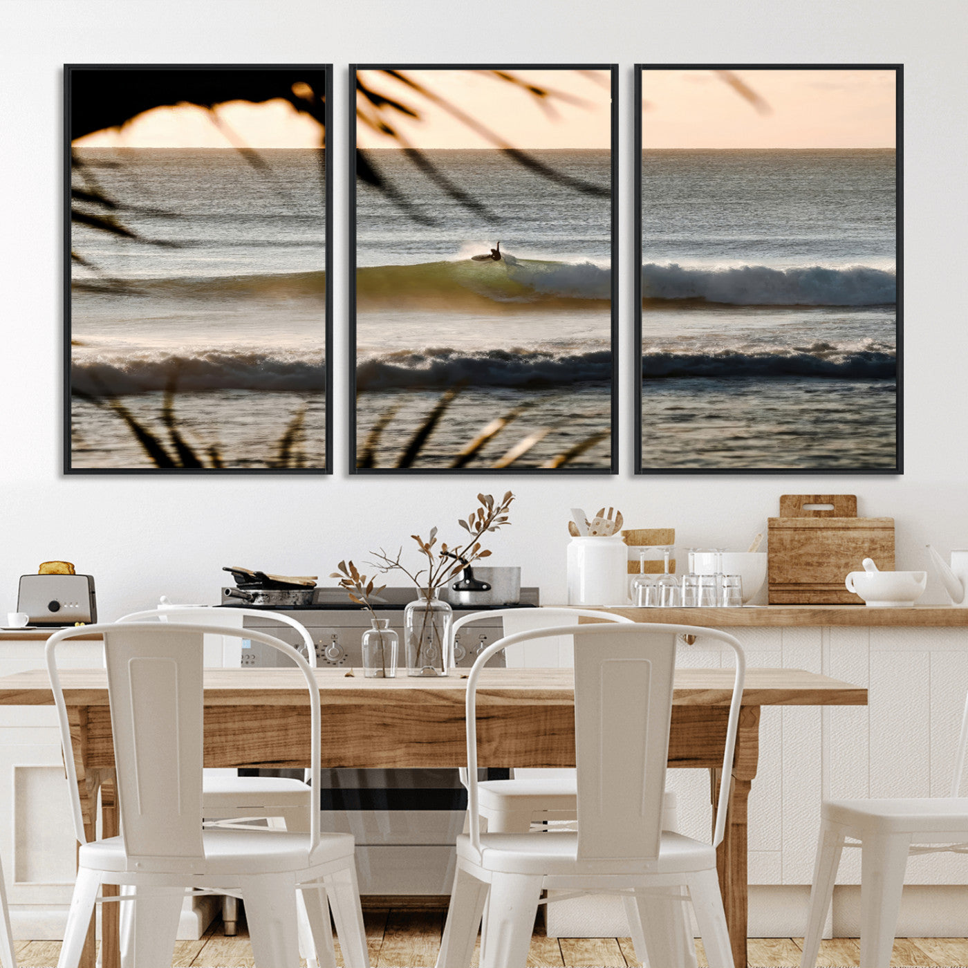 24896468-MGV-FC-60X30-3P_Black-Sunset Surf Wall Art Canvas Print, Framed Golden Waves Art Picture Print, Tropical Ocean Perfect Tropical Boho Decor Artwork