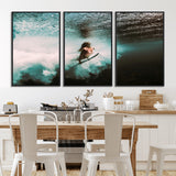85923512-MGV-CV-36X24-Aquatic Motion Wall Art Canvas Print, Framed Underwater Swimming Art Picture Print, Female Surfer Diving Perfect Coastal Boho