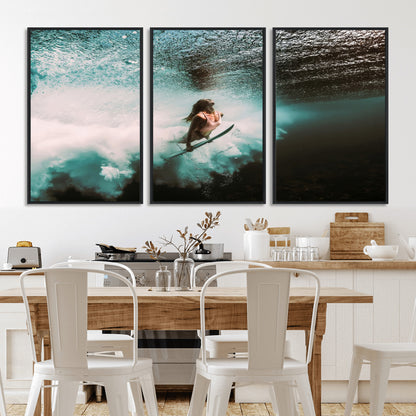 85923512-MGV-CV-36X24-Aquatic Motion Wall Art Canvas Print, Framed Underwater Swimming Art Picture Print, Female Surfer Diving Perfect Coastal Boho