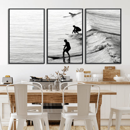 19875284-MGV-CV-36X24-Surfer Waves Wall Art Canvas Print, Framed Black White Surf Art Picture Print, Monochrome Ocean Perfect Modern Coastal Decor