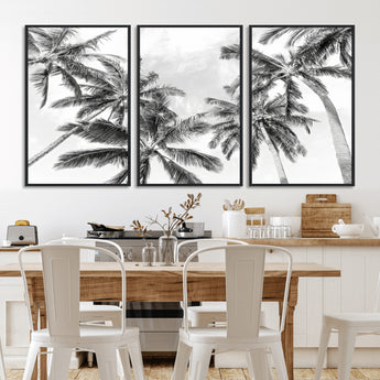 62113786-MGV-FC-60X30-3P_Black-Black White Palm Wall Art Canvas Print, Framed Monochrome Tropics Art Picture Print, Minimalist Beach Perfect Coastal Minimalist
