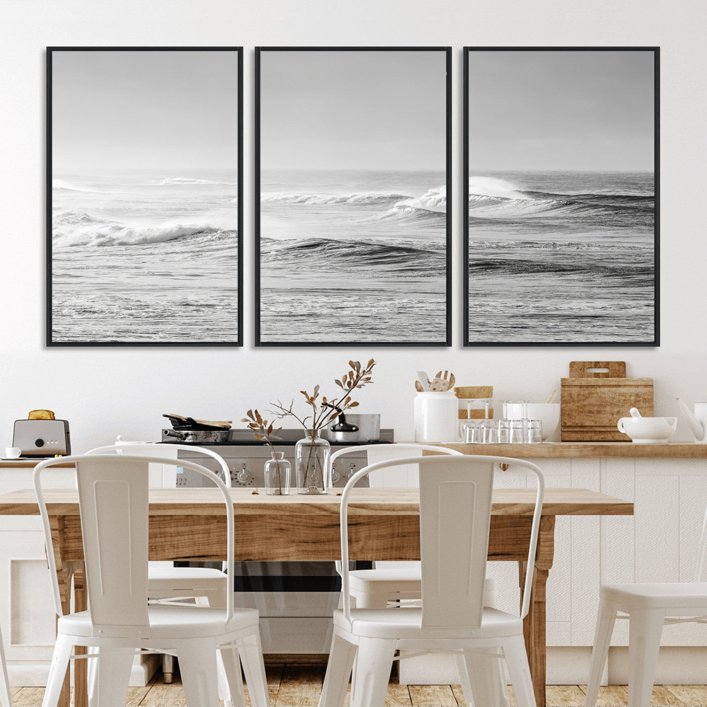 98634812-MGV-CV-36X24-Black and White Ocean Waves Wall Art – Minimalist Sea Canvas Print, Coastal Photography Decor for Living Room, Bedroom or Office