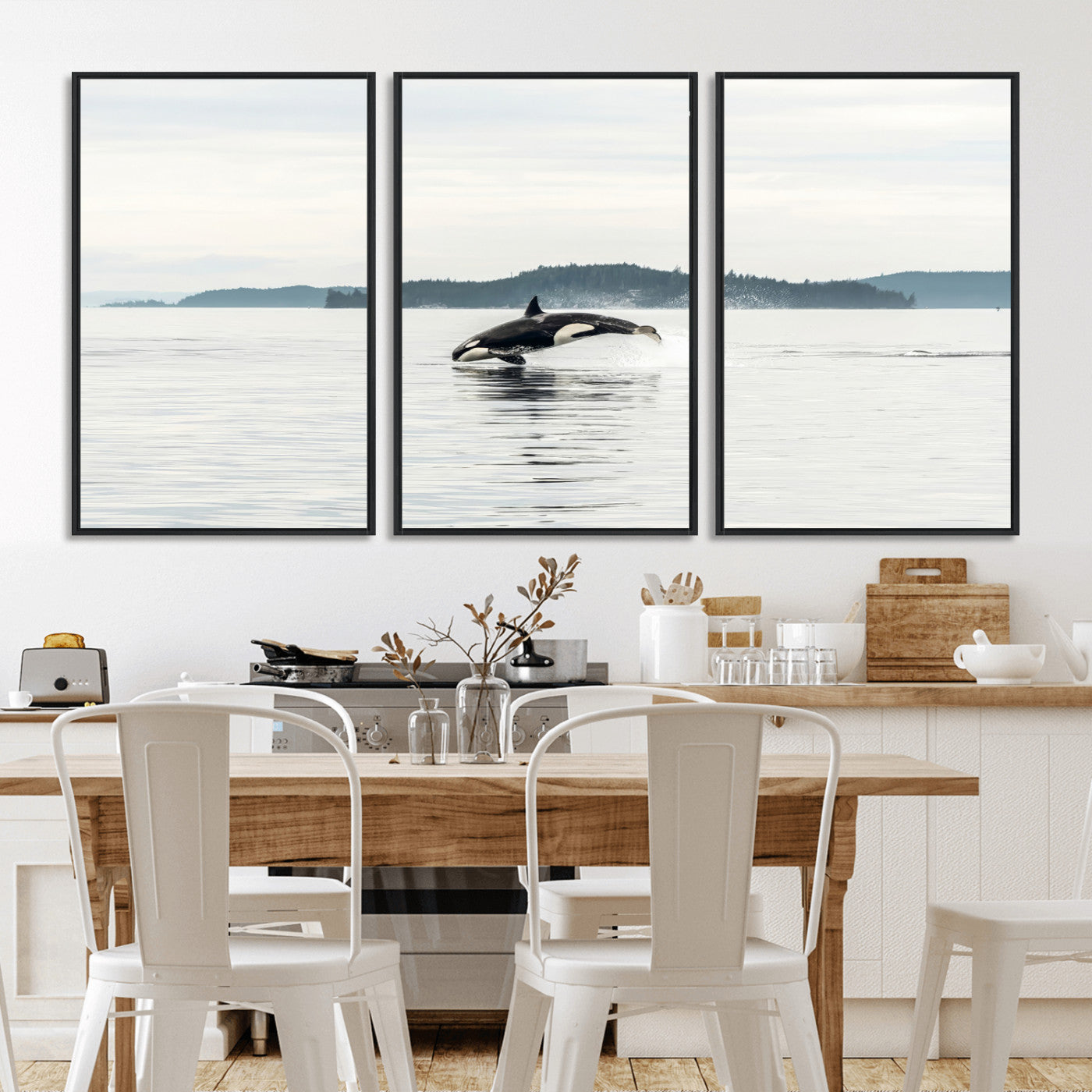 10157174-MGV-FC-60X30-3P_Black-Orca Whale Wall Art Canvas Print, Framed Black White Whale Art Picture Print, Minimalist Ocean Perfect Coastal Minimalist Decor