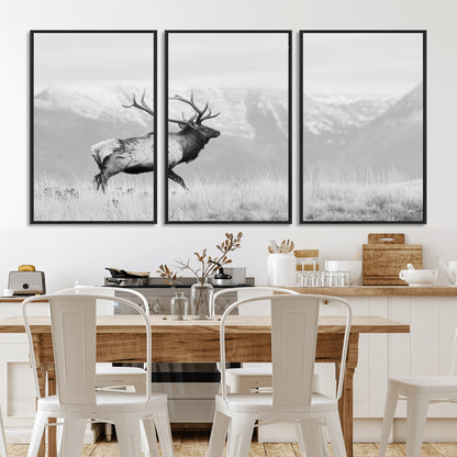62278753-MGV-CV-36X24-Monochrome Elk Wall Art Canvas Print, Framed Mountain Wildlife Art Picture Print, Rustic Nature Perfect Rustic Minimalist Decor