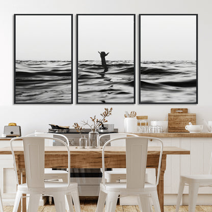 69541918-MGV-CV-36X24-Black White Ocean Wall Art Canvas Print, Framed Moody Seascape Art Picture Print, Surfer Sign Perfect Moody Minimalist Decor