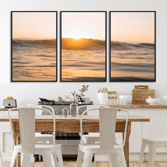 16973771-MGV-FC-60X30-3P_Black-Calm Water Wall Art Canvas Print, Framed Sunset Waves Art Picture Print, Coastal Warmth Perfect Warm Minimalist Decor Artwork